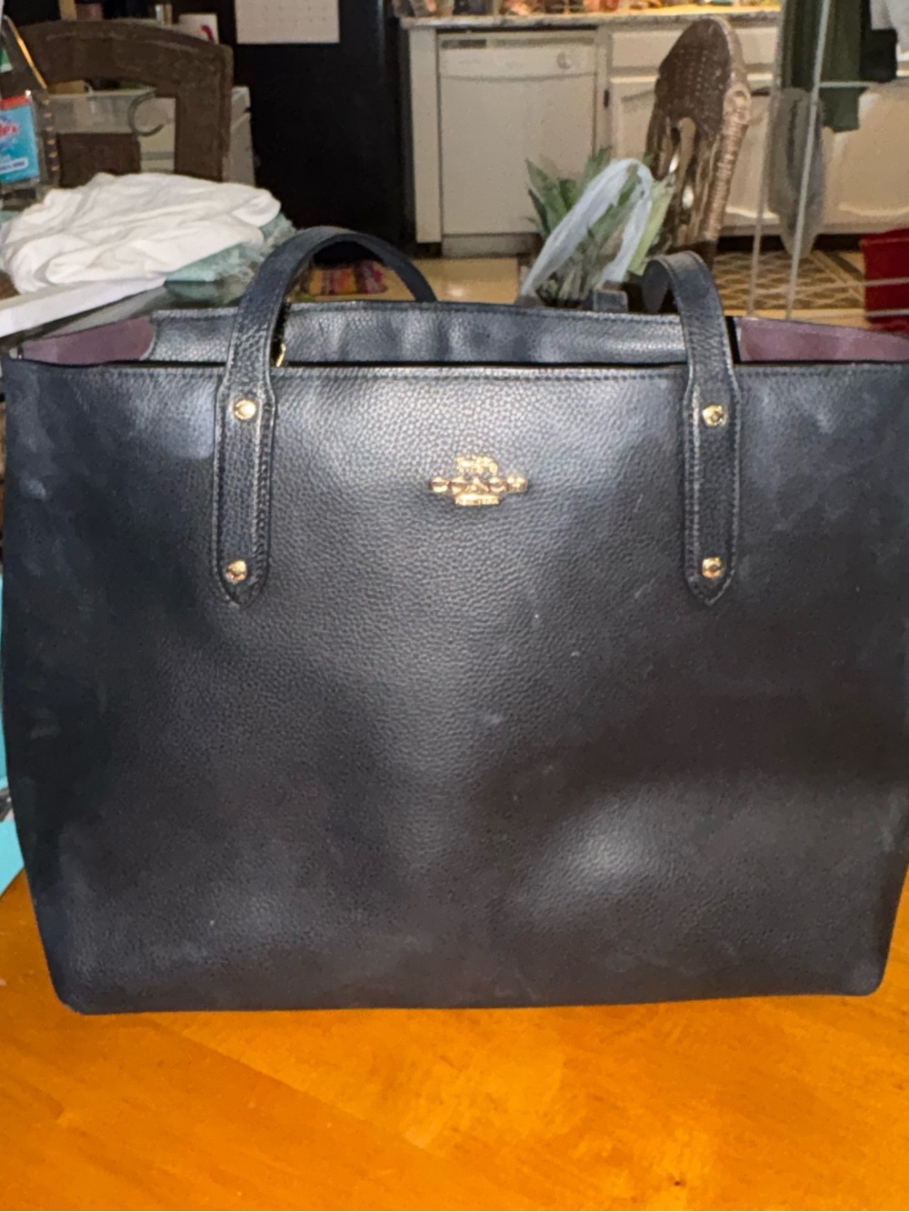 Coach Black Leather Tote with Gold Hardware and Pink Interior